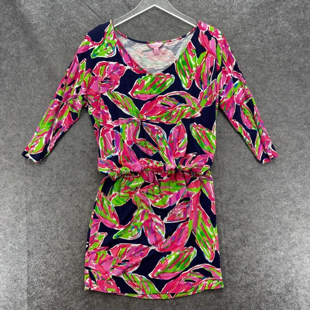 Lilly Pulitzer Cara In the Vias Mini Dress Size Small Pink Navy Palm Leaf Beach - Picture 2 of 10